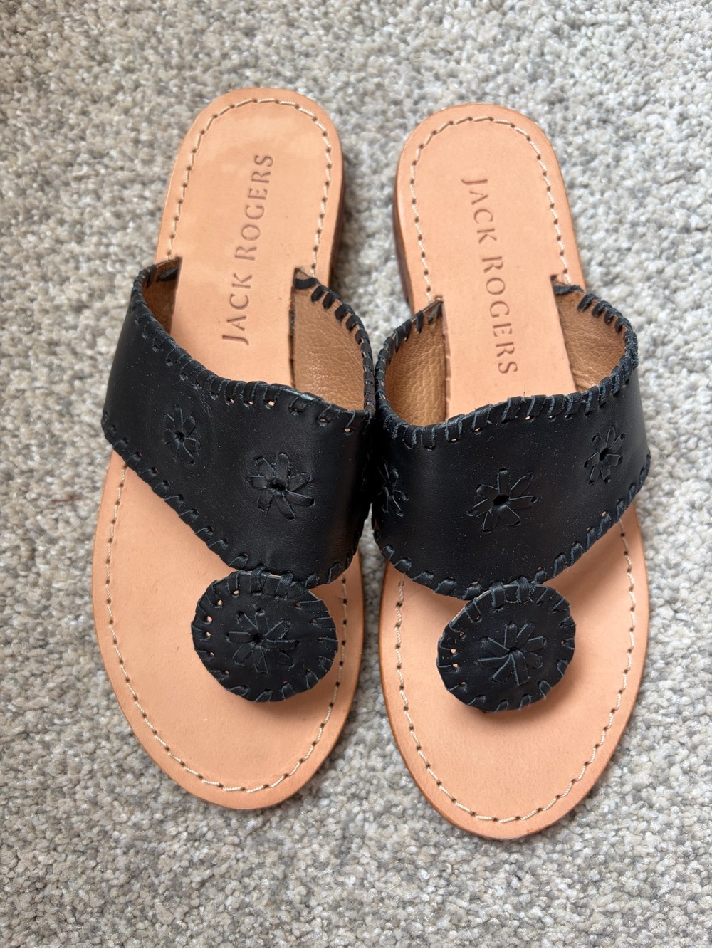 Jack Rogers Black Leather Slide Sandals with Medallion
